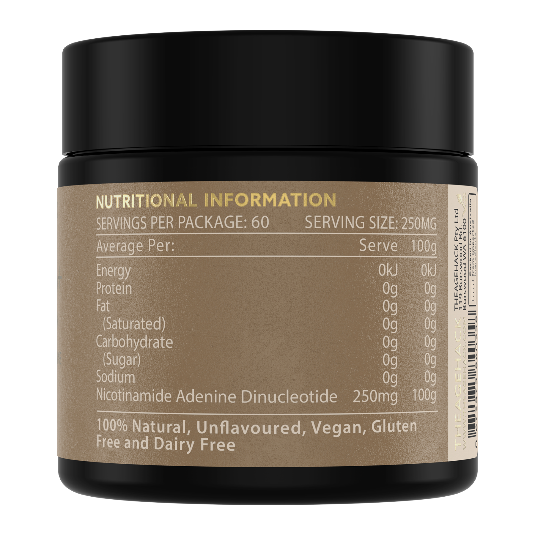 NAD+ Powder by TheAgeHack Nutritional Panel