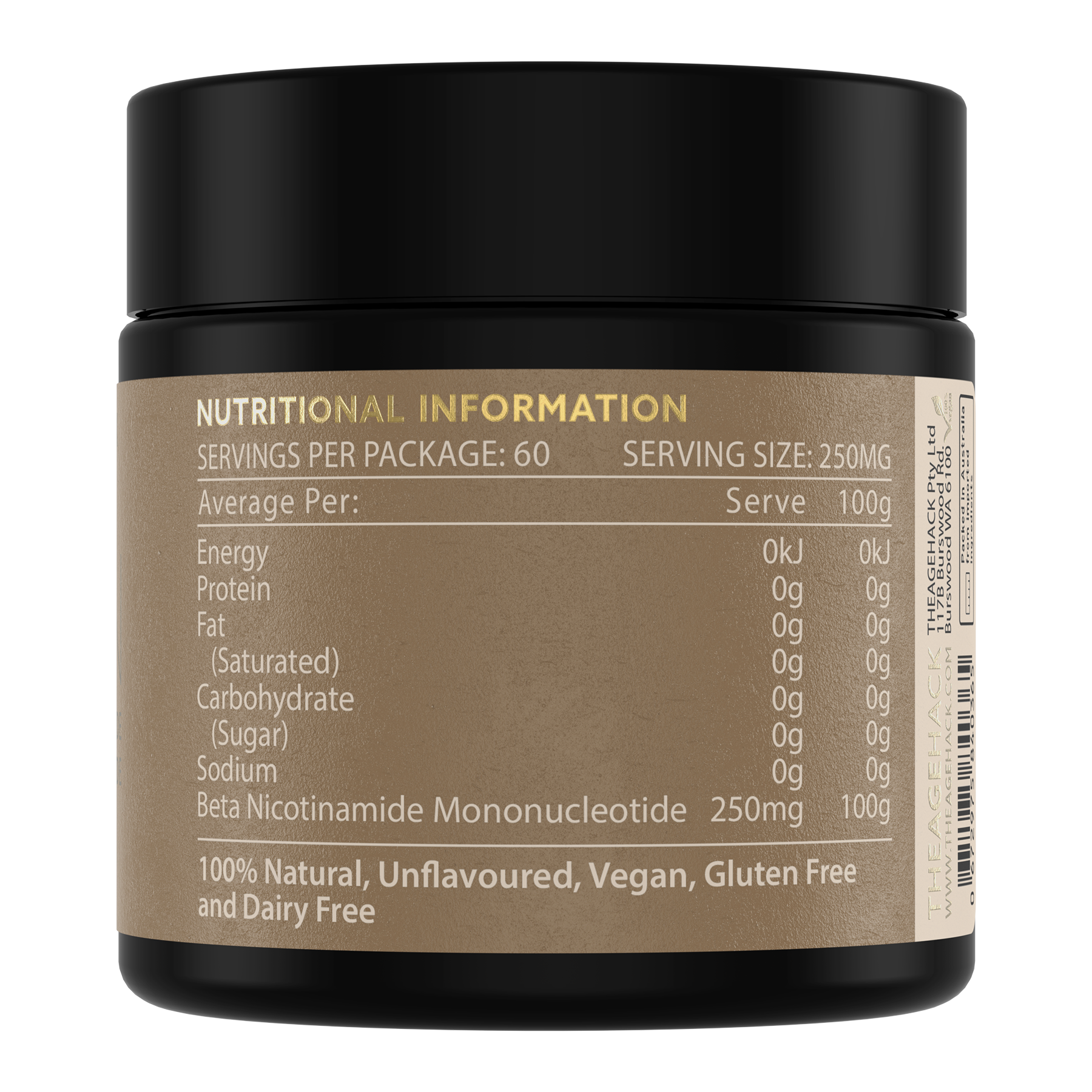 NMN Powder by TheAgeHack Nutritional Panel