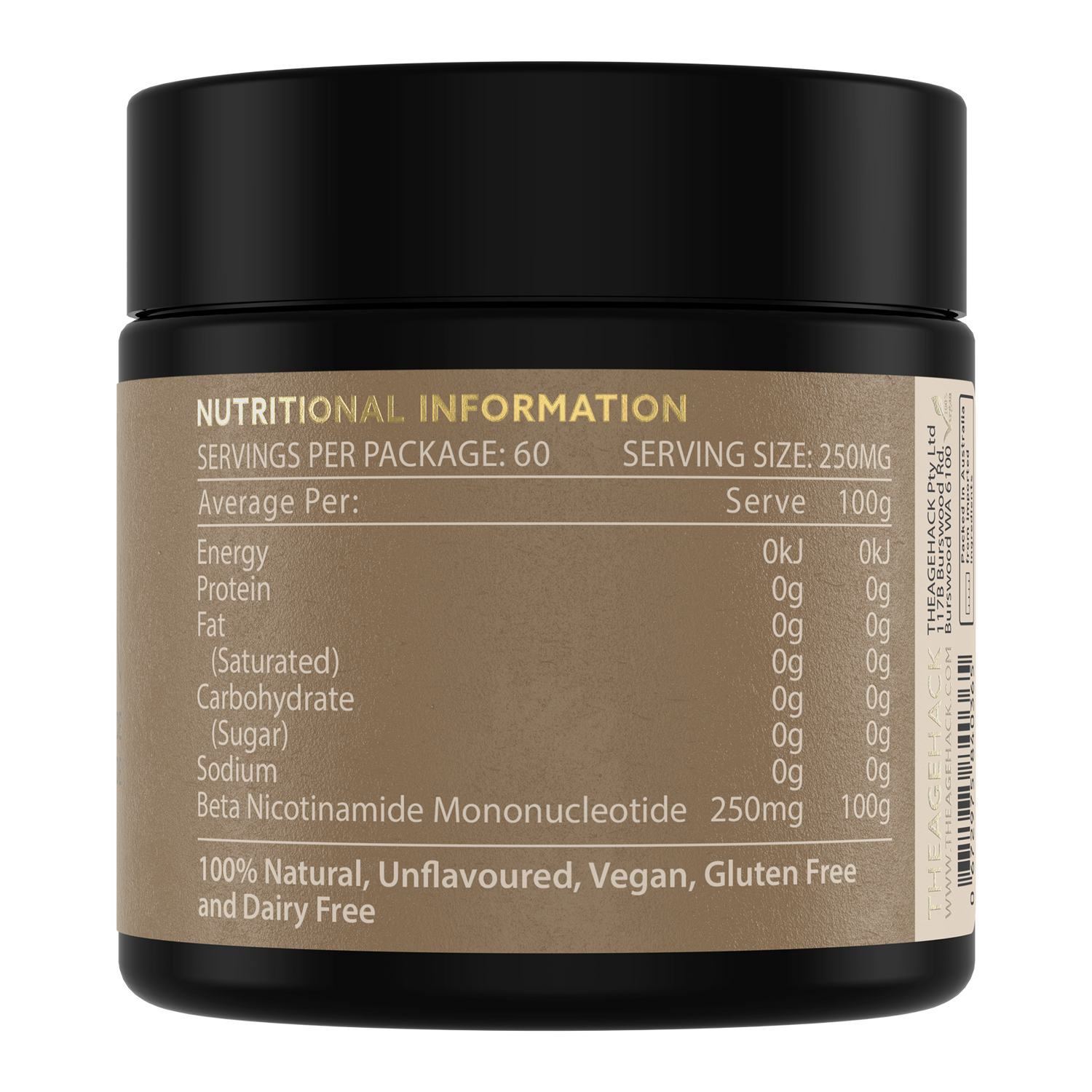 NMN Powder by TheAgeHack Nutritional Panel